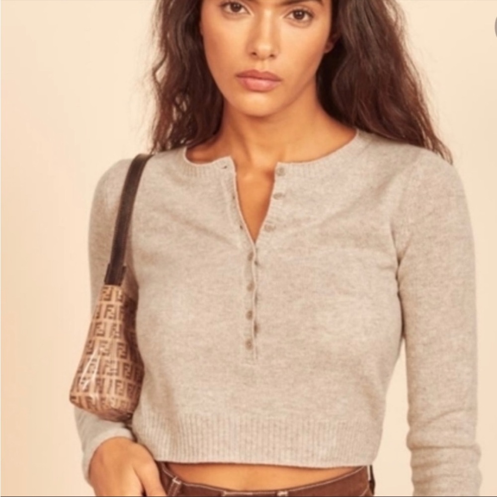 Reformation Cashmere Henley Sweater Oatmeal